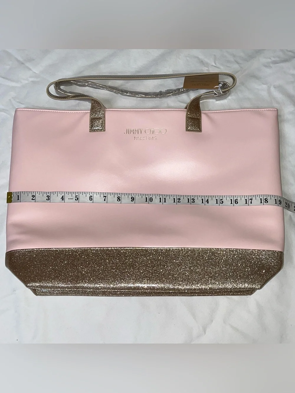Jimmy Choo Parfum Tote Bag Pink & Gold Glitter Large Shoulder Bag Faux Leather
